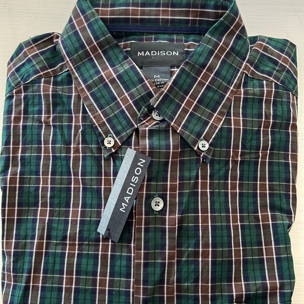 Madison green/blue checked, long sleeve button down shirt, 100% cotton, size M